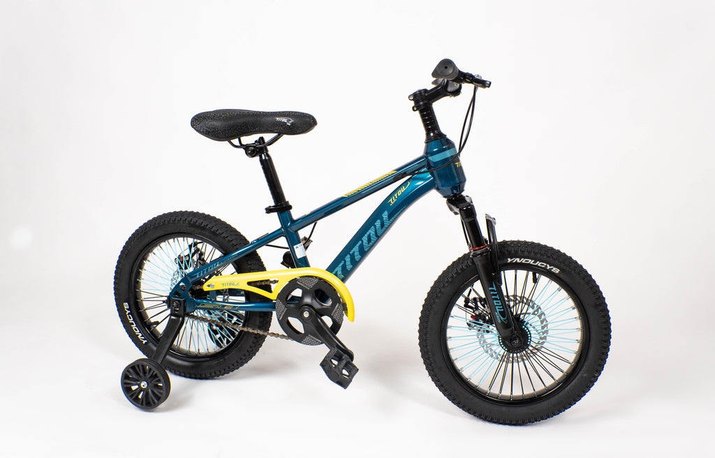 Vélo Titou Kids 16" – VTT Enfant avec Stabilisateurs, Fourche Suspendue et Freins à Disque