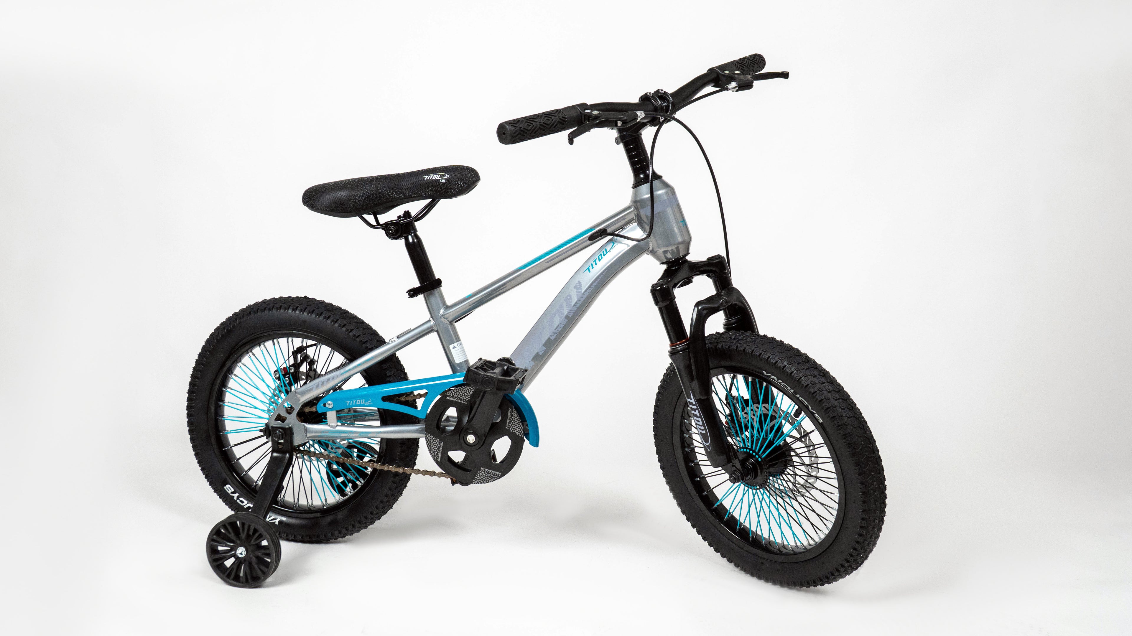 Vélo Titou Kids 16" – VTT Enfant avec Stabilisateurs, Fourche Suspendue et Freins à Disque