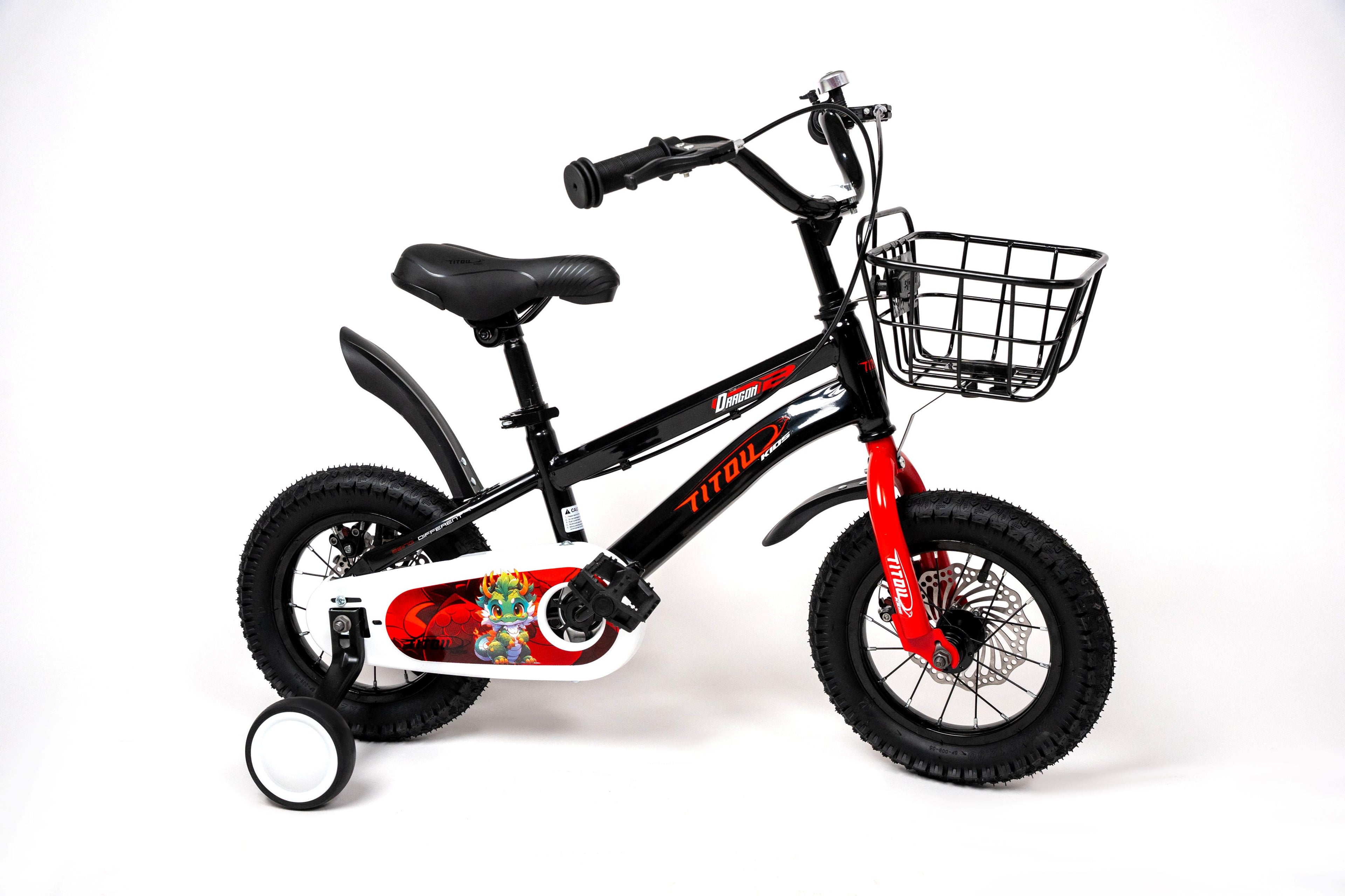 Vélo Titou Kids 12" Dragon – Vélo Enfant avec Freins à Disque, Panier et Stabilisateurs