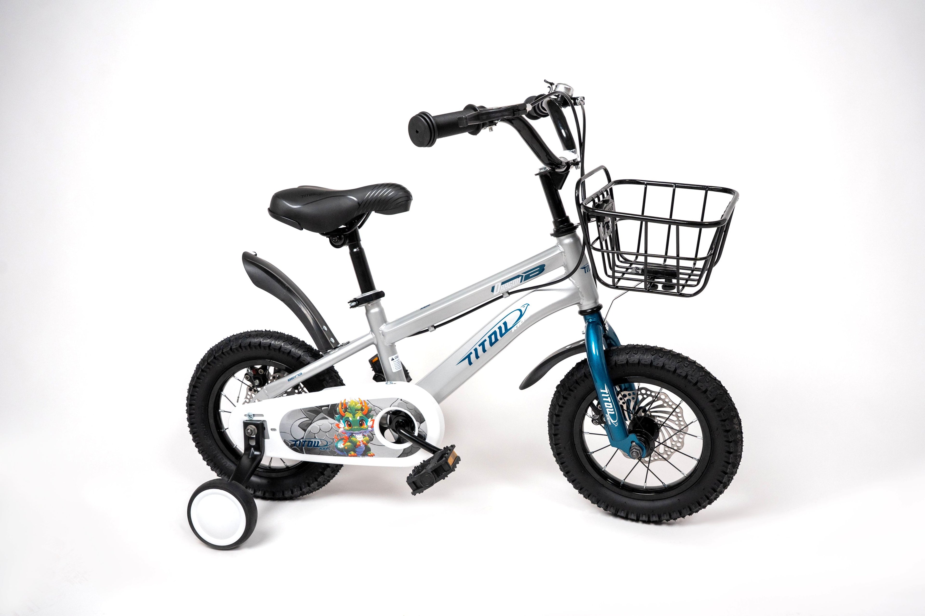 Vélo Titou Kids 12" Dragon – Vélo Enfant avec Freins à Disque, Panier et Stabilisateurs